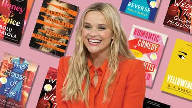 Reese Witherspoon smiling, surrounded by various book covers from her book club on a pink background.