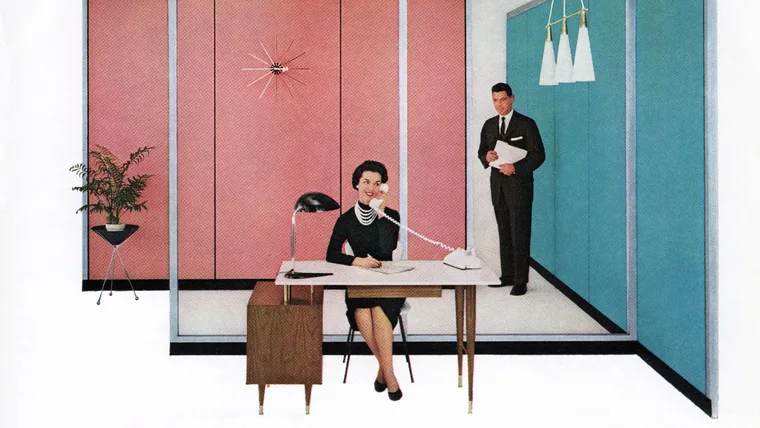 Vintage office scene with a woman at a desk on the phone, and a man standing with papers, mid-century modern decor.