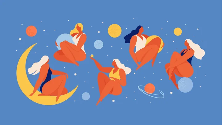 Colorful illustration of diverse women floating in space with planets and stars, against a blue background.