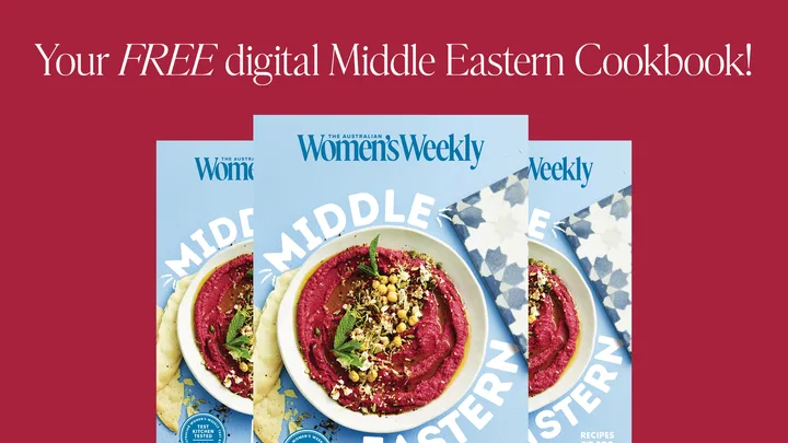 Free digital Middle Eastern Cookbook by Australian Women's Weekly, featuring a bowl of beet hummus on the cover.