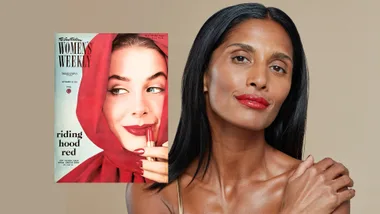 Split image of modern woman with red lipstick and vintage magazine cover featuring "Riding Hood Red" lipstick.