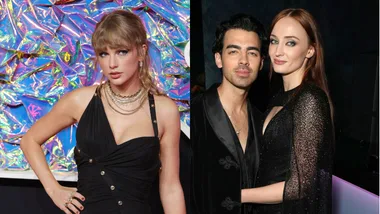 "Three people in evening wear, with colorful and dark backgrounds, posing together and smiling."