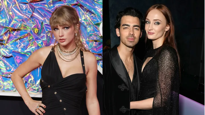 "Three people in evening wear, with colorful and dark backgrounds, posing together and smiling."