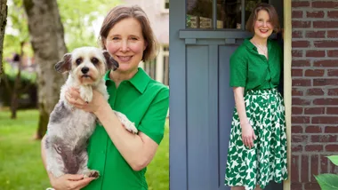 A woman in a green dress holds a small dog outdoors; another image shows her smiling by a door.