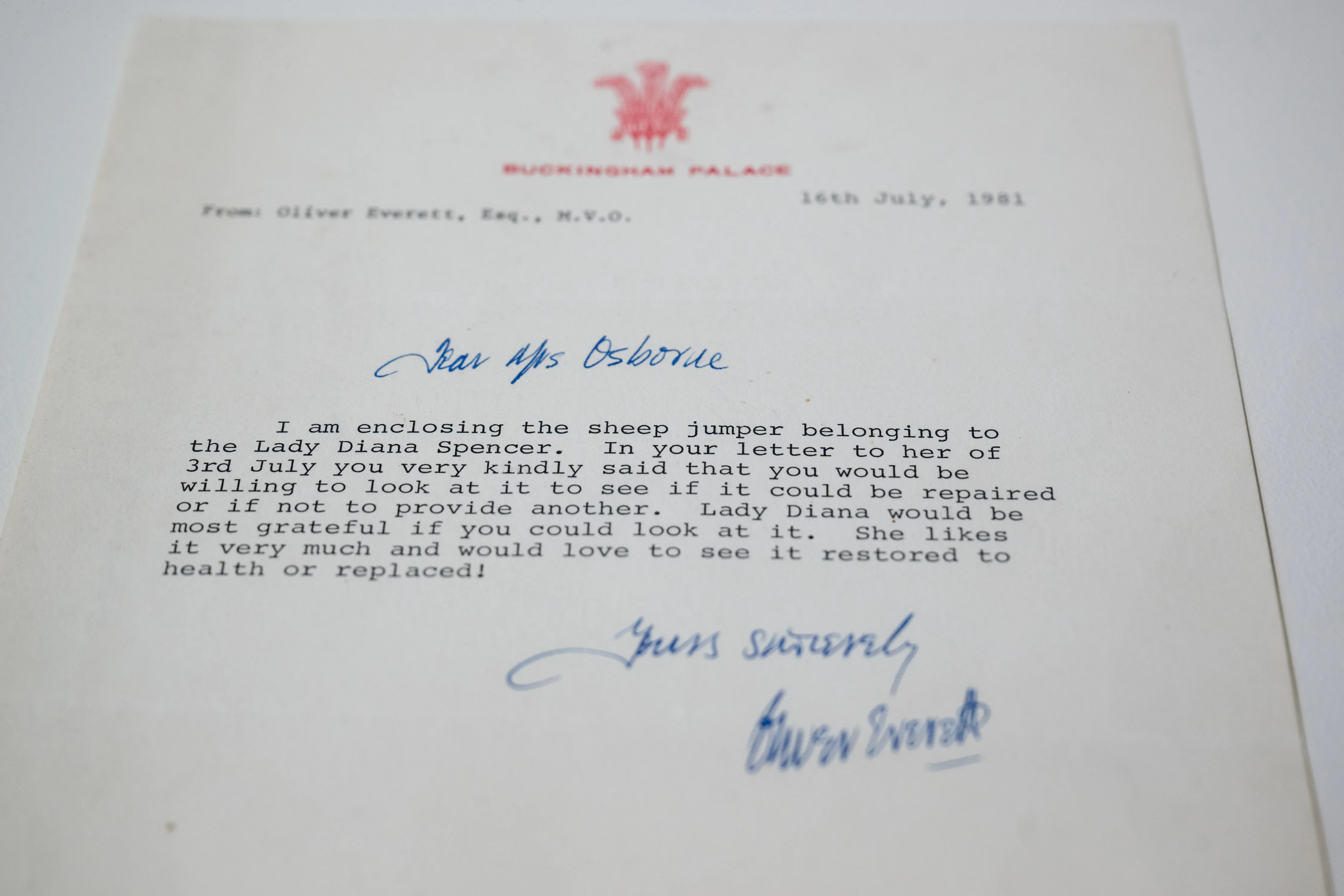 letter sent to Joanna Osborne regarding Princess Diana's sheep jumper