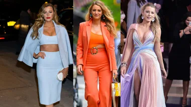 Three outfits: a light blue crop top and skirt, orange blazer and pants, and pastel pink-blue gown.