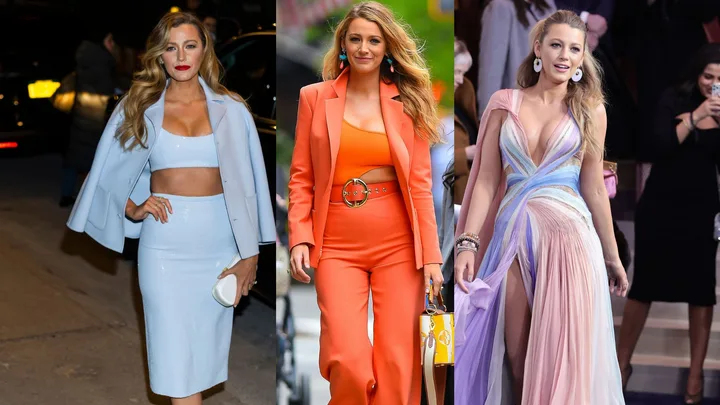 Three outfits: a light blue crop top and skirt, orange blazer and pants, and pastel pink-blue gown.