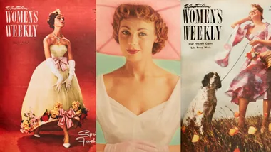 Three vintage covers of The Australian Women's Weekly featuring elegant women in fashion from the 1950s.