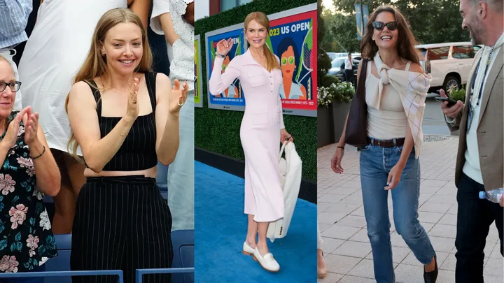 Three women at the US Open 2023: one clapping, one waving, one smiling in casual attire.