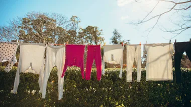 Clothes hanging on a line with trees in the background under a clear blue sky.
