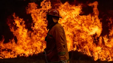 Firefighter in gear stands amidst intense flames during a wildfire.