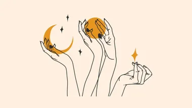 Illustration of hands holding a crescent moon, a sun, and a star on a light beige background.