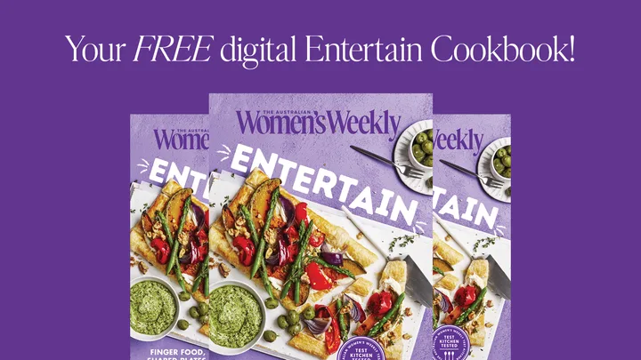 Three copies of "Australian Women's Weekly Entertain" cookbook with a vegetable tart on the cover.