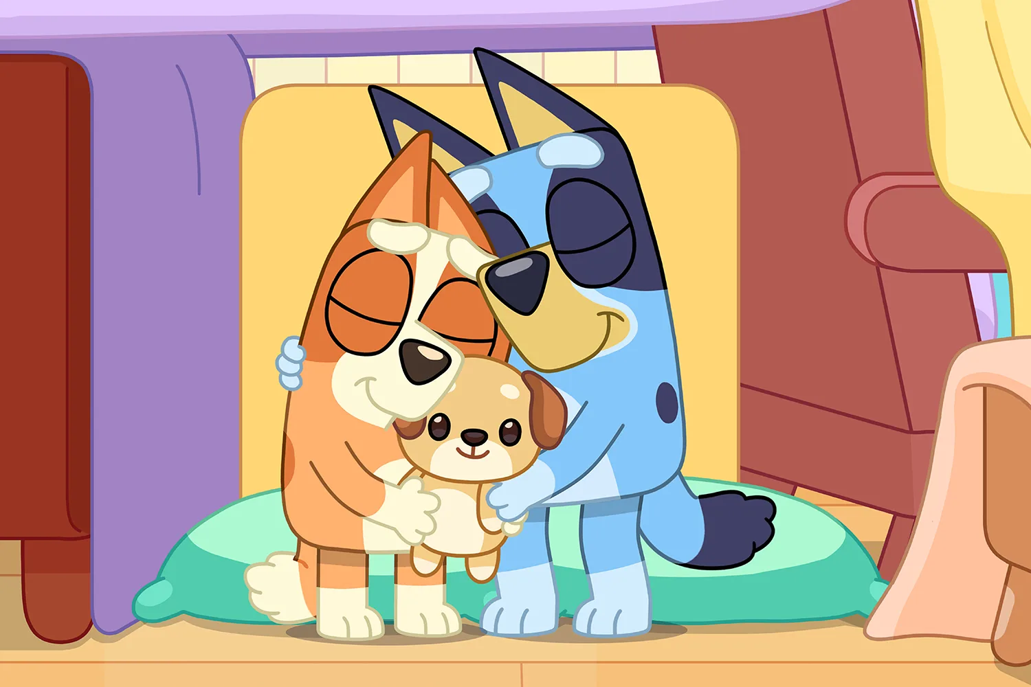 Bingo and Bluey hugging