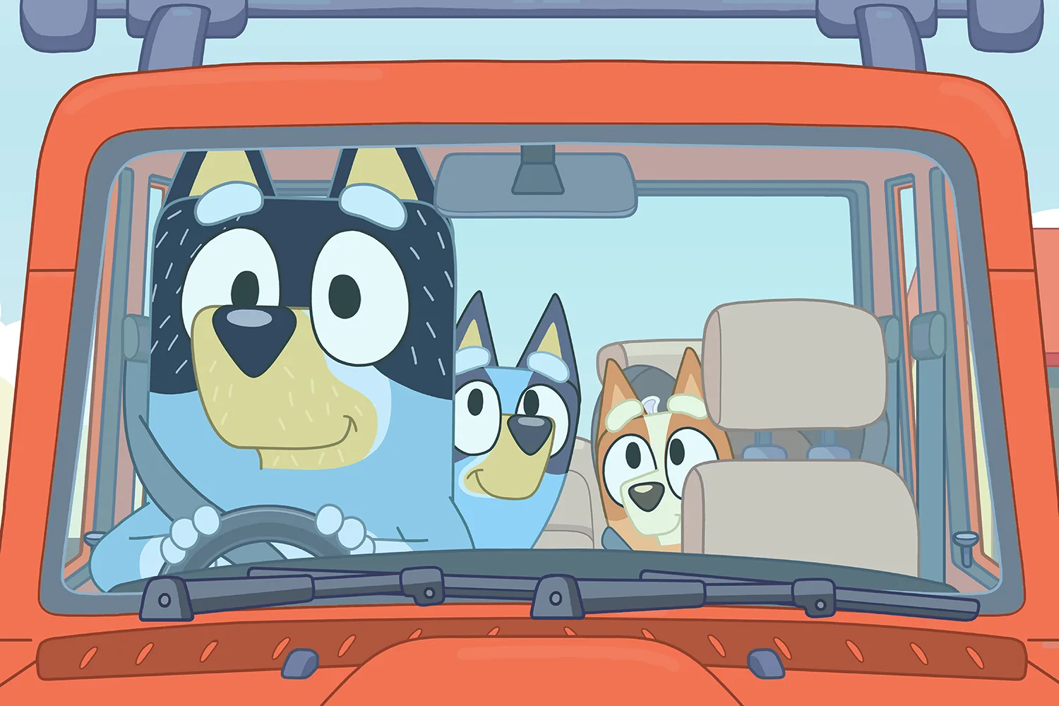 Bandit, Bluey and Bingo in the family car