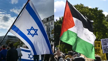 Israeli and Palestinian flags held at separate gatherings, symbolizing the ongoing conflict and protests.