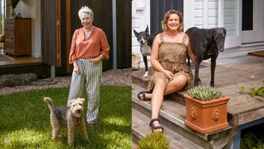 Two women pose with dogs outside their homes; one on grass, the other on a porch with potted plants.