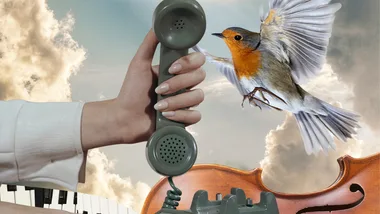 A hand holds a vintage phone amid clouds, with a robin in flight and musical instruments in the background.