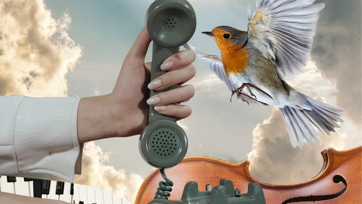 A hand holds a vintage phone amid clouds, with a robin in flight and musical instruments in the background.