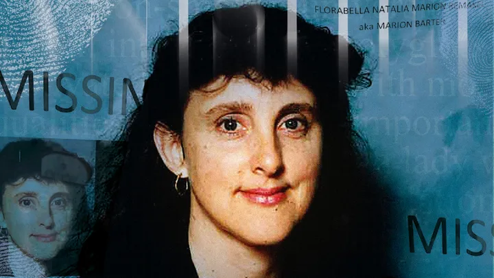 Portrait of Marion Barter overlaid with the word "MISSING" and additional text.