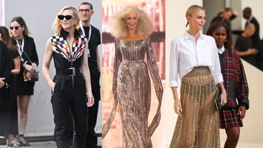 Women in stylish outfits; one in a checkered top, another in a sparkly gown, and a duo in chic skirts and shirts.