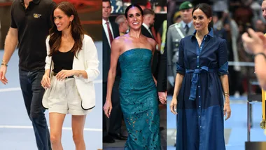 Three images of Meghan Markle at different events, wearing a white blazer and shorts, a teal strapless dress, and a denim dress.