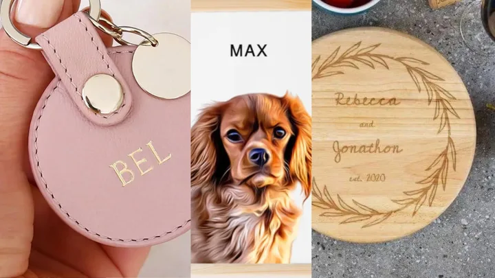 Pink leather keychain with "BEL," dog art labeled "MAX," and engraved wooden board with "Rebecca and Jonathon," est. 2020.