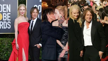 A couple attends various red carpet events, posing together in elegant attire and sharing a kiss.