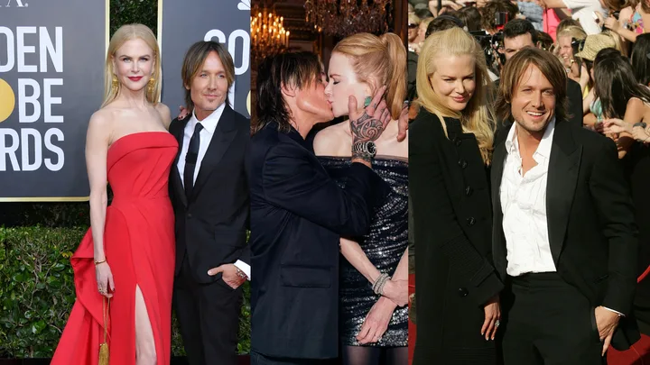 A couple attends various red carpet events, posing together in elegant attire and sharing a kiss.
