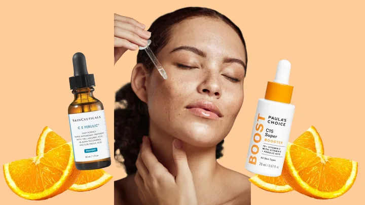 Woman applying serum with pipette, surrounded by Skinceuticals and Paula's Choice products, with orange slices.