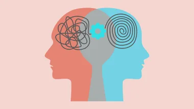 Two overlapping heads, one with tangled lines and the other with spirals, symbolizing chaos and order in the mind.
