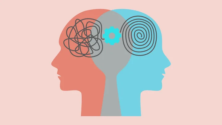 Two overlapping heads, one with tangled lines and the other with spirals, symbolizing chaos and order in the mind.