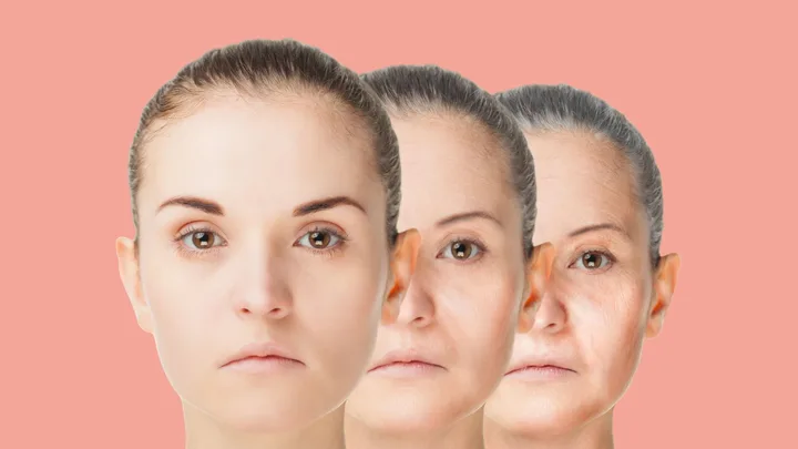 Three faces of a woman representing aging, transitioning from young to old against a peach background.