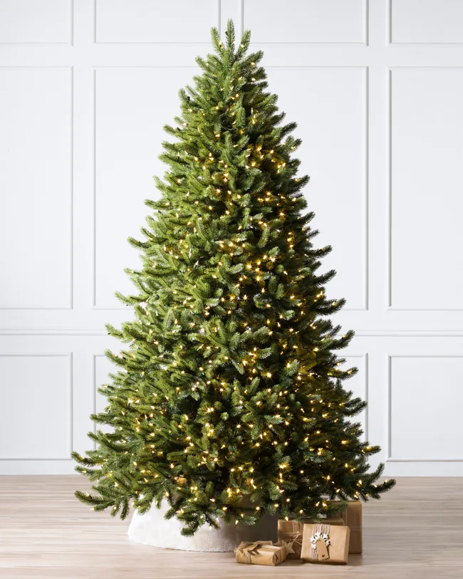 Lit Christmas tree with wrapped gifts underneath, set against a white paneled wall.