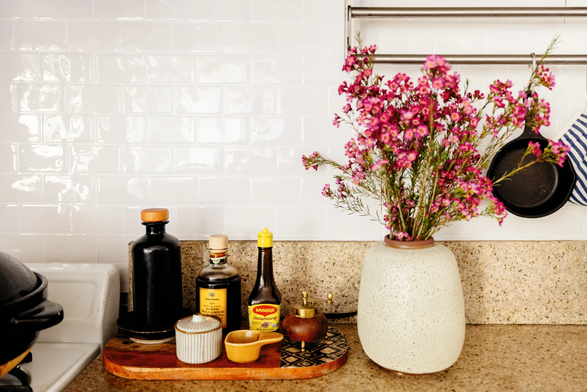 Kitchen counter with white tiled backsplash easy home makeover tips