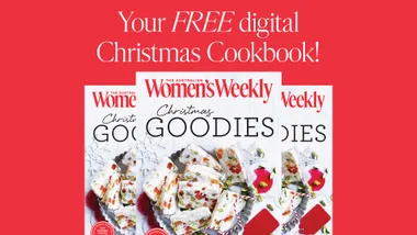 Australian Women's Weekly Christmas Goodies cookbook cover with festive treats on a red background.