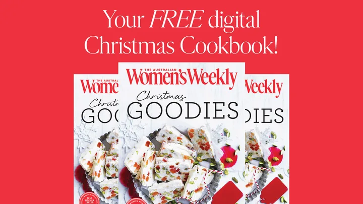 Australian Women's Weekly Christmas Goodies cookbook cover with festive treats on a red background.