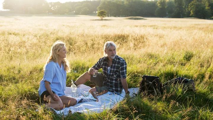 A couple enjoys a picnic on a blanket in a sunlit field, surrounded by tall grass and serene nature.