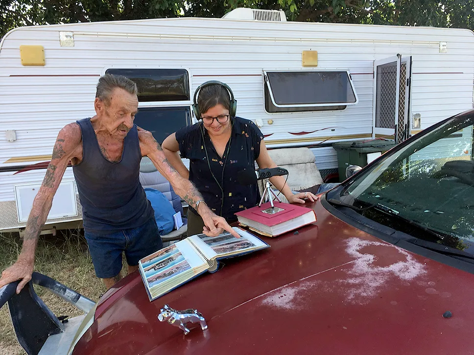 Caroline Graham interviewing Larrimah resident Bill Hodgetts