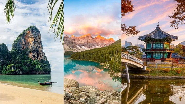 A split-screen image showing (from left to right): a tropical beach with a large limestone karst formation, a mountain lake surrounded by pine forest reflecting mountains and a dramatic sky, and a traditional Korean palace structure with a bridge over water at sunset.
