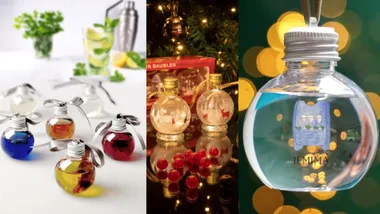 Festive baubles filled with colorful liquids, featuring Christmas designs and personalized name "Jemima."