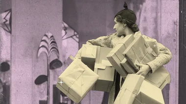 Woman carrying multiple wrapped packages in a vintage-style image with an art deco background.