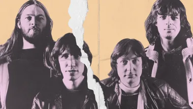 Four band members with long hair and jackets, separated by a torn paper effect on a peach background.