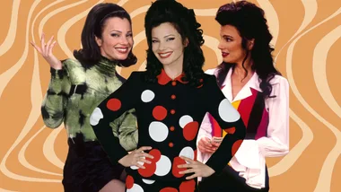 Collage of a woman in 90s outfits with distinct hairstyles and vibrant patterns on a retro wavy background.