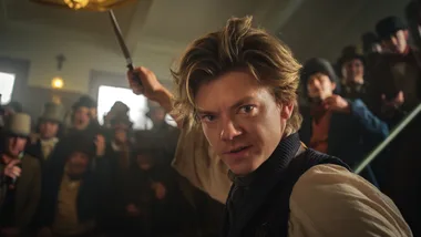 A character holding a knife amidst a crowd in period costumes, with intense expression and dramatic lighting.