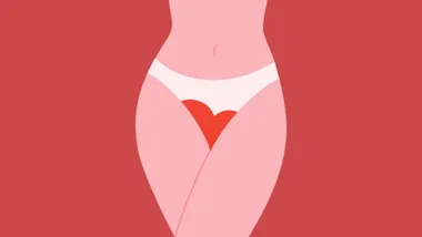 Illustration of a woman's lower torso in panties, with a heart shape design at the center, on a red background.