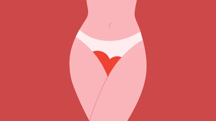 Illustration of a woman's lower torso in panties, with a heart shape design at the center, on a red background.