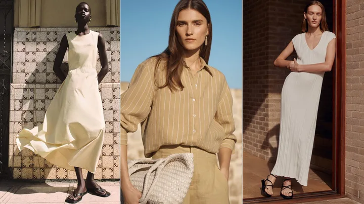 Three-panel fashion image featuring minimalist, neutral-toned outfits from COS, Seed Heritage and Assembly Label.