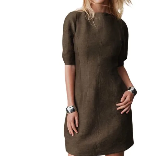 Country Road Linen Panelled Mini Dress in deep olive