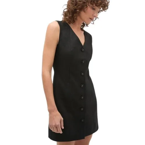 Seed Heritage Linen V Neck Button Mini Dress in Black